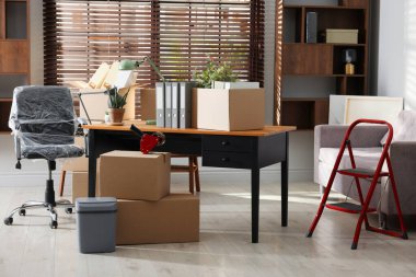 Yeni ofiste birçok taşınan kutu, ev bitkisi, merdiven ve mobilya