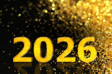 Altın numaralar ve siyah arka planda parıltılarla yeni yıl kartı tasarımın kutlu olsun. Bokeh etkisi