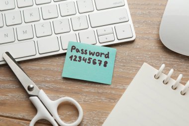 Kağıt parola, bilgisayar klavyesi, fare ve kırtasiye ahşap masa, düz yatıyordu