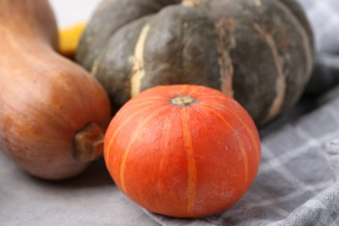 Açık gri desenli masada taze balkabakları, yakın plan. Su kabağı ailesi