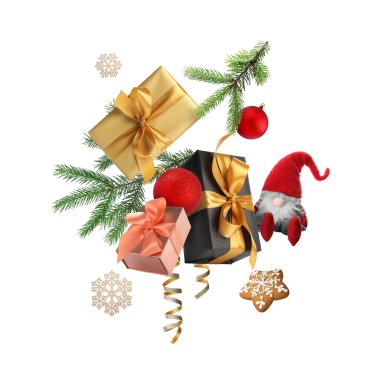 Noel ya da yeni yıl kutlaması. Beyaz arka planda uçan hediye kutuları, kurabiye ve şenlik dekoru