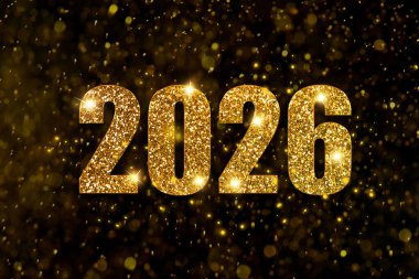 Mutlu yıllar kartı. Siyah arkaplan ve bokeh ışıklarına karşı 2026 numaralı parlak altın sayılar
