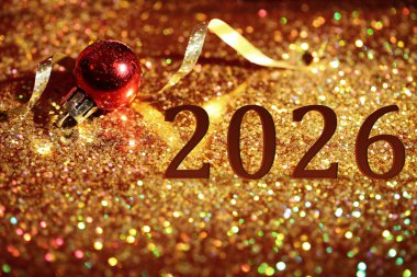 Mutlu yıllar 2026 tebrik kartı. Parıltılı Noel balosu, bokeh etkisi.