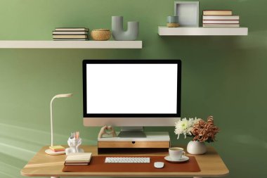 Ofisinde bilgisayar ve kahverengi paspas olan şık bir iş yeri.