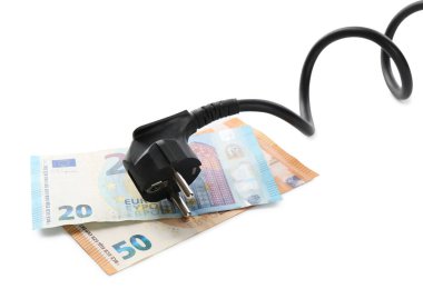 Fişi ve avro banknotlarıyla elektrik kablosu beyaza izole edildi