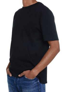 Man wearing black t-shirt on white background, closeup. Mockup for design