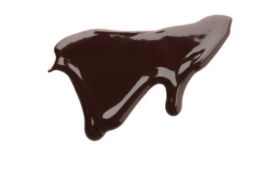 Lezzetli erimiş çikolata akışı beyaz, üst görünümde izole.