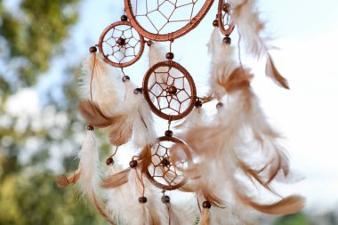 Şamanizm. Güzel bir düş kapanı açık havada asılı, düşük açılı bir manzara.