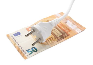 Fişi ve avro banknotlu elektrik kablosu beyaza izole edildi