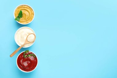 Açık mavi arka planda farklı soslar, düz yatış. Metin için boşluk