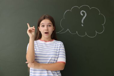 Okula dönelim. Düşünce baloncuğu ve soru işareti çizilmiş karatahtanın yanında fikri olan bir kız.