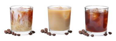 Buzlu kahve. Beyaz arka planda farklı içecekler, set