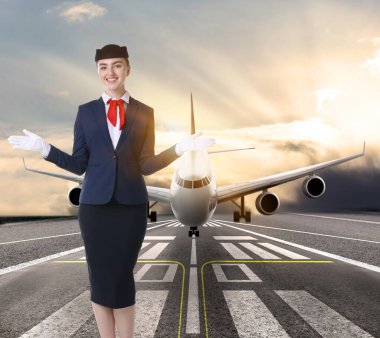 Üniformalı hostes podyumda gülümsüyor. Arkasından uçak iniyor.