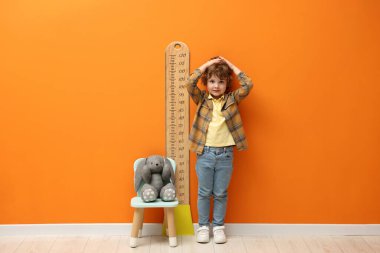 Oyuncak tavşancığı olan küçük çocuk turuncu duvarın yanında boyunu ölçüyor.