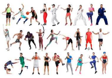 Spor aktiviteleri. Beyaz arka planda, kolajda spor kıyafetleri giyen farklı insanlar.
