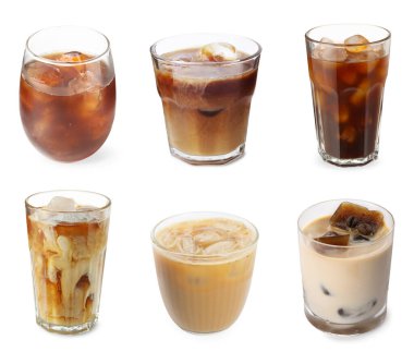Buzlu kahve. Beyaz arka planda farklı içecekler, set