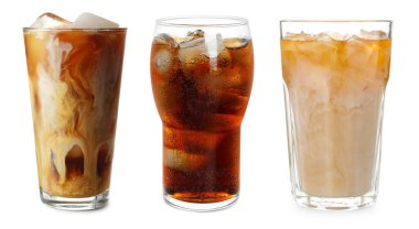 Buzlu kahve. Beyaz arka planda farklı içecekler, set