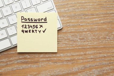 Şifre değiştiriliyor. Tahta masadaki bilgisayar klavyesinin yanında zayıf ve güçlü şifrelere sahip yapışkan bir not. Metin için boşluk