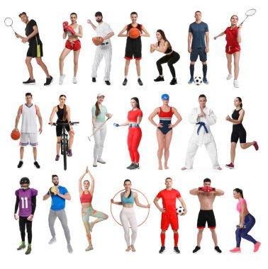 Spor aktiviteleri. Beyaz arka planda, kolajda spor kıyafetleri giyen farklı insanlar.