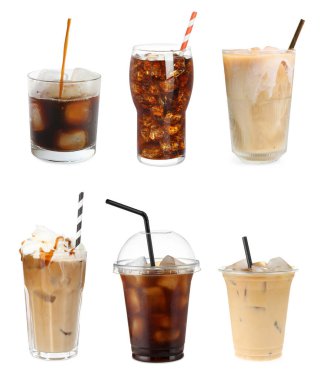Buzlu kahve. Beyaz arka planda farklı içecekler, set