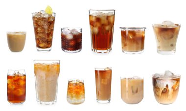 Buzlu kahve. Beyaz arka planda farklı içecekler, set