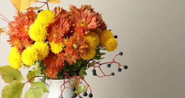 Sonbahar atmosferi. Güzel çiçekli vazo ve arka planda böğürtlen, yakın plan. Metin için boşluk