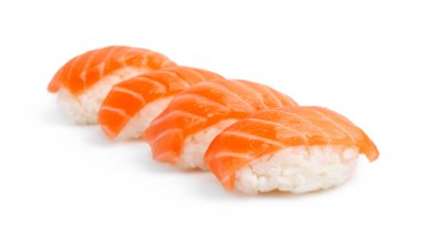 Delicious nigiri sushi with salmon isolated on white