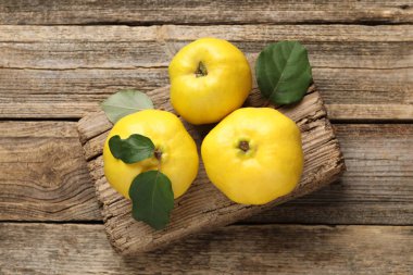 Tahta masa üzerinde taze, olgun ayva yaprakları, üst manzara