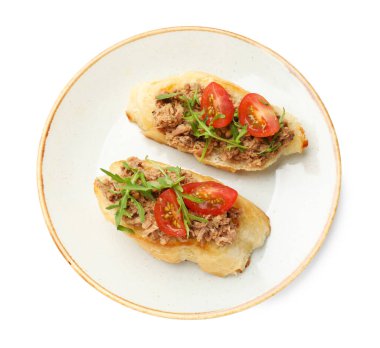 Ton balıklı, domatesli ve roka soslu nefis bruschettalar.