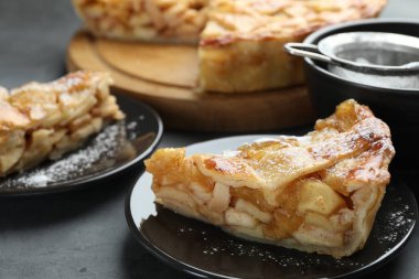 Lezzetli ev yapımı elmalı turta parçaları. Gri desenli masa, yakın plan.