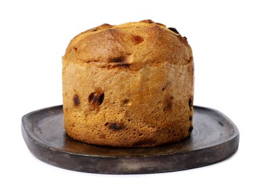 Noel yemeği. Lezzetli Panettone pastası beyaza izole edilmiş.