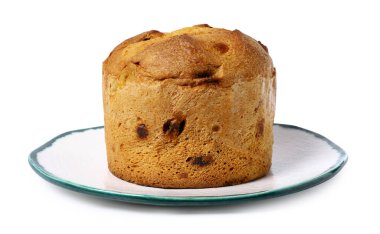 Noel yemeği. Lezzetli Panettone pastası beyaza izole edilmiş.