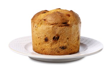 Noel yemeği. Lezzetli Panettone pastası beyaza izole edilmiş.