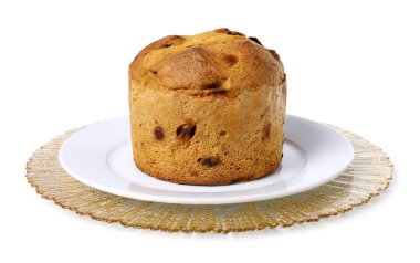 Noel yemeği. Lezzetli Panettone pastası beyaza izole edilmiş.