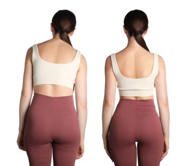 Kolajdan önce ve sonra beyaz arka plana karşı iyi ve kötü duruşu olan bir kadın görülüyor.