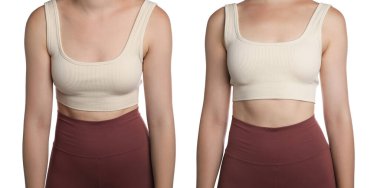 Kolajdan önce ve sonra beyaz arka plana karşı iyi ve kötü duruşu olan bir kadın görülüyor.