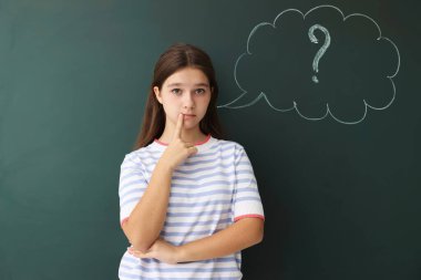 Okula dönelim. Düşünceli kız. Düşünce baloncuğu ve soru işareti çizilmiş karatahtanın yanında.
