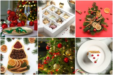 Noel atmosferi. Farklı tatil temalı fotoğrafların kolajı