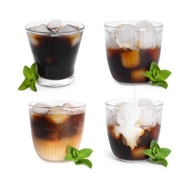 Buzlu kahve içecekler beyaz üzerine izole edilmiş, set.