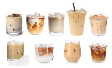 Buzlu kahve içecekler beyaz üzerine izole edilmiş, set.