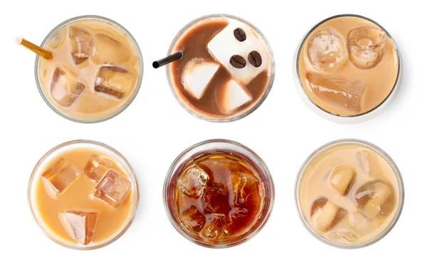 Buzlu kahve içecekler beyaz üzerine izole edilmiş, set. Üst görünüm