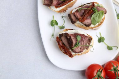 Biftek, krem peynir, fesleğen, güneşte kurutulmuş domates ve açık gri masada taze sebzeler. Metin için boşluk