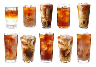 Buzlu kahve içecekler beyaz üzerine izole edilmiş, set.