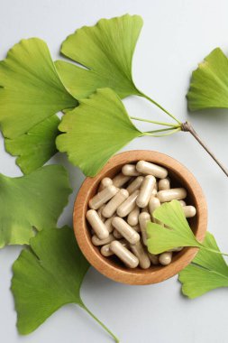 Ginkgo biloba yaprakları ve açık gri arka planda bir kase hap.