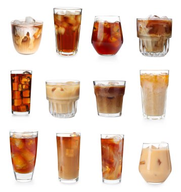 Buzlu kahve. Beyaz arka planda farklı içecekler, set