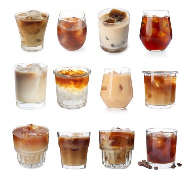 Buzlu kahve içecekler beyaz üzerine izole edilmiş, set.