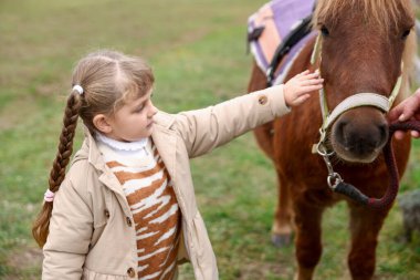 At destekli terapi. Kırsalda güzel bir midillisi olan küçük bir kız. Sevimli evcil hayvan