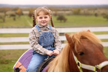 At destekli terapi. Küçük kız dışarıda güzel bir midilliye biniyor. Sevimli evcil hayvan