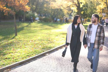 Tatlı bir çift el ele tutuşup güneşli sonbahar parkında yürüyor. Metin için boşluk