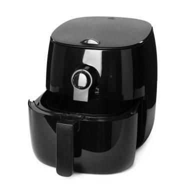 Beyazda izole edilmiş siyah bir fritöz.